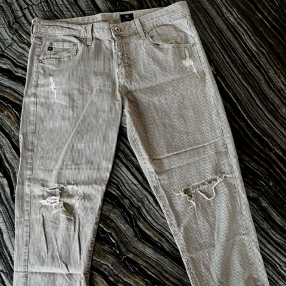 Cropped, Distressed Pinstripe Jeans